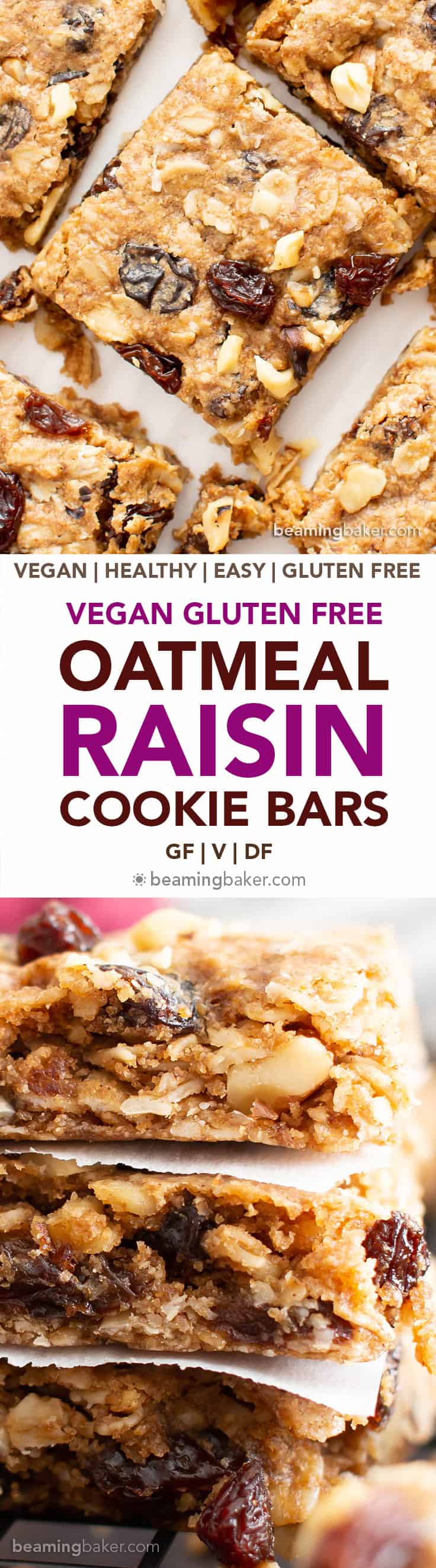 The BEST Vegan Oatmeal Raisin Bars Recipe: chewy centers, crispy edges, packed with raisins & oats! The ultimate gluten free oatmeal cookie bars—healthy, homemade & easy! #Oatmeal #Vegan #GlutenFree #Cookies | Recipe at BeamingBaker.com