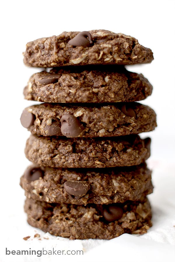 Rich, chewy & indulgent Double Chocolate Chip Coconut Cookies - a simple, vegan recipe for twice the chocolate plus coconut oil, coconut sugar and coconut shreds! BEAMINGBAKER.COM