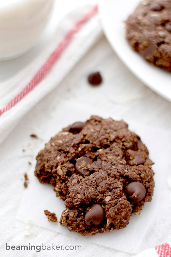 Rich, chewy & indulgent Double Chocolate Chip Coconut Cookies - a simple, vegan recipe for twice the chocolate plus coconut oil, coconut sugar and coconut shreds! BEAMINGBAKER.COM
