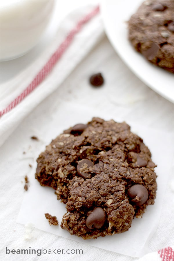 Rich, chewy & indulgent Double Chocolate Chip Coconut Cookies - a simple, vegan recipe for twice the chocolate plus coconut oil, coconut sugar and coconut shreds! BEAMINGBAKER.COM