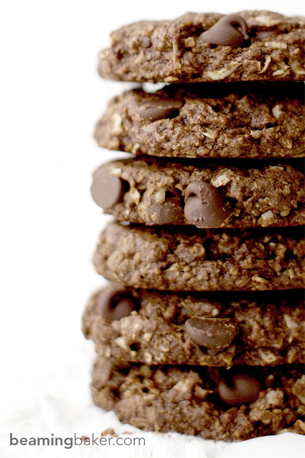 Rich, chewy & indulgent Double Chocolate Chip Coconut Cookies - a simple, vegan recipe for twice the chocolate plus coconut oil, coconut sugar and coconut shreds! BEAMINGBAKER.COM