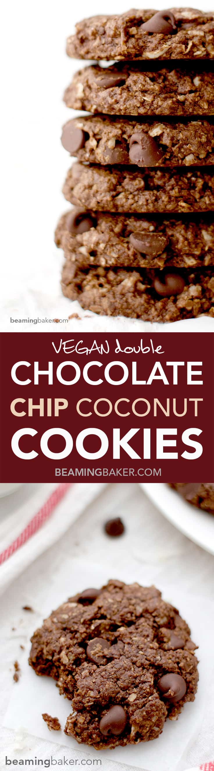 Rich, chewy & indulgent Double Chocolate Chip Coconut Cookies - a simple, vegan recipe for twice the chocolate plus coconut oil, coconut sugar and coconut shreds! #vegan beamingbaker.com