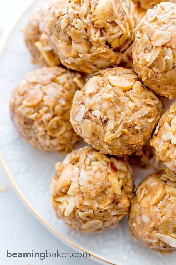 No Bake Peanut Butter Coconut Bites: delicious, easy to make, energy-boosting and super-filling. Made of just 6 simple ingredients, vegan, gluten free and healthy! BEAMINGBAKER.COM