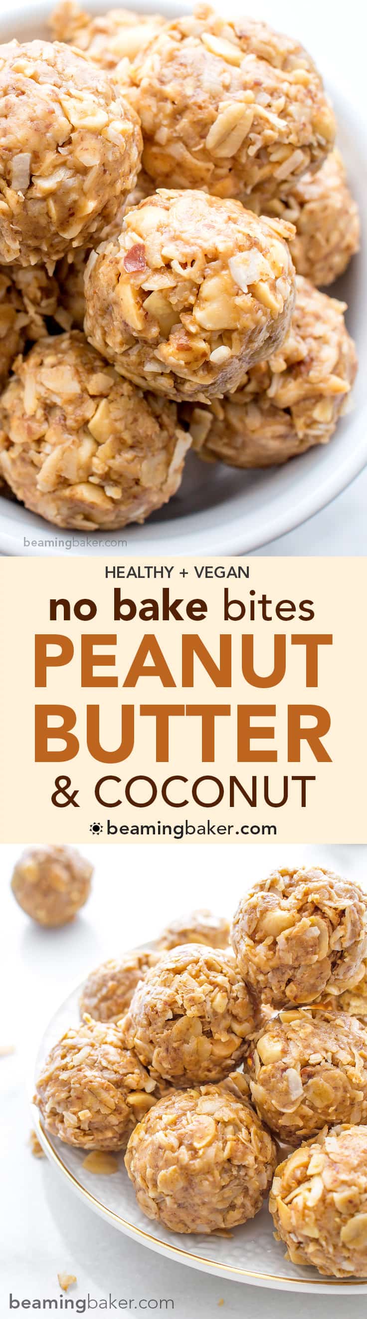 No Bake Peanut Butter Coconut Bites: delicious, easy to make, energy-boosting and super-filling. Made of just 6 simple ingredients, vegan, gluten free and healthy! BeamingBaker.com #Vegan #GlutenFree