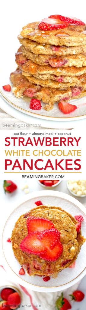 An easy recipe for the BEST fluffy strawberry white chocolate chip pancakes! Made with simple ingredients: oat flour, almond meal, whole wheat flour and coconut. BEAMINGBAKER.COM