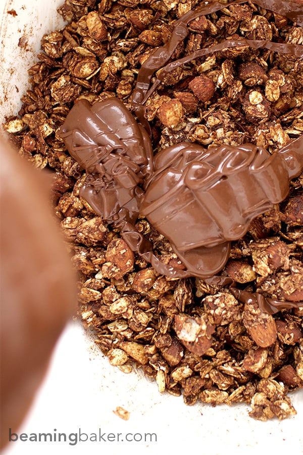 Simple, crunchy, sweet-tooth satisfying Chocolate Almond Coconut Granola. This wholesome recipe is perfect for an afternoon snack or dessert.