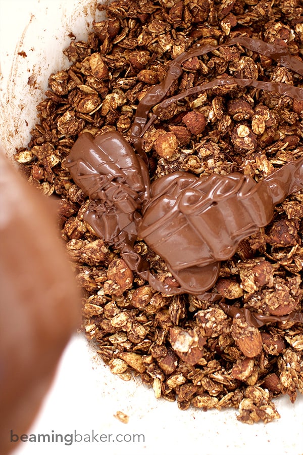 Simple, crunchy, sweet-tooth satisfying Chocolate Almond Coconut Granola. This wholesome recipe is perfect for an afternoon snack or dessert.