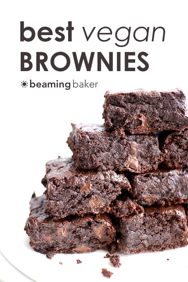 Stack of vegan brownies on a white plate with the text "Best Vegan Brownies" at the top of the image