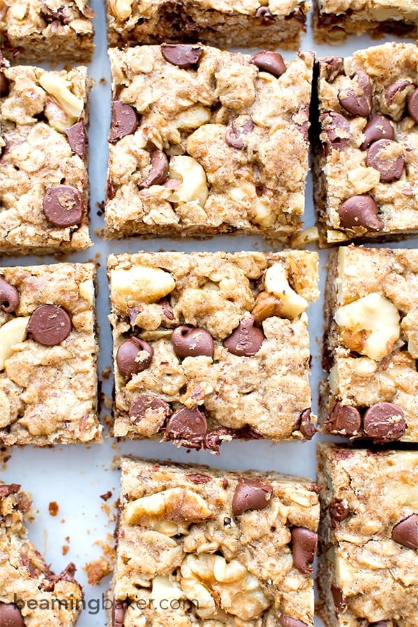 Chocolate Chip Walnut Cookie Bars: a simple vegan and gluten-free recipe for thick, chewy, super-chunky chocolate chip cookie bars. BEAMINGBAKER.COM #Vegan #GlutenFree
