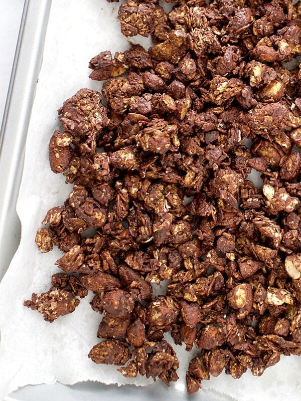 Simple, crunchy, sweet-tooth satisfying Chocolate Almond Coconut Granola. This wholesome recipe is perfect for an afternoon snack or dessert.