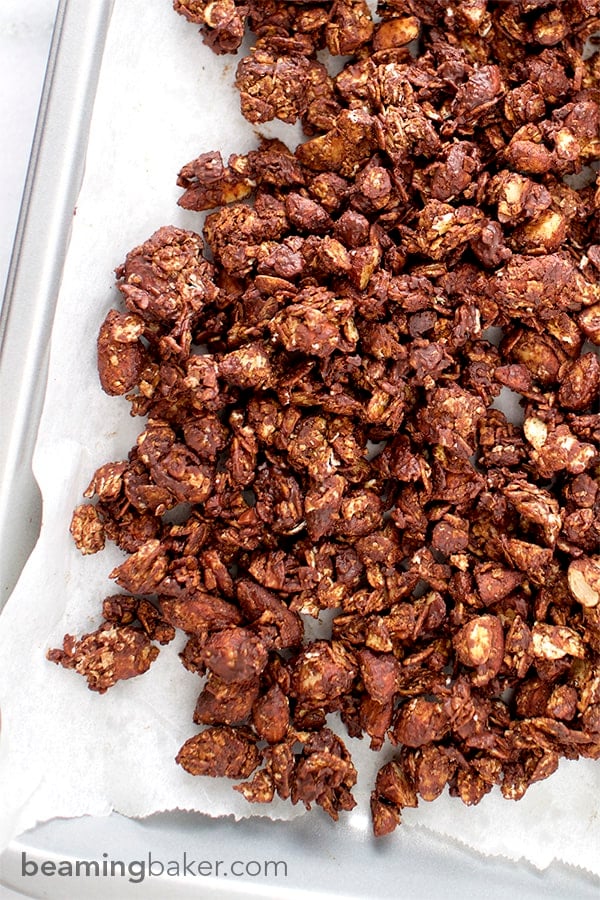 Simple, crunchy, sweet-tooth satisfying Chocolate Almond Coconut Granola. This wholesome recipe is perfect for an afternoon snack or dessert.