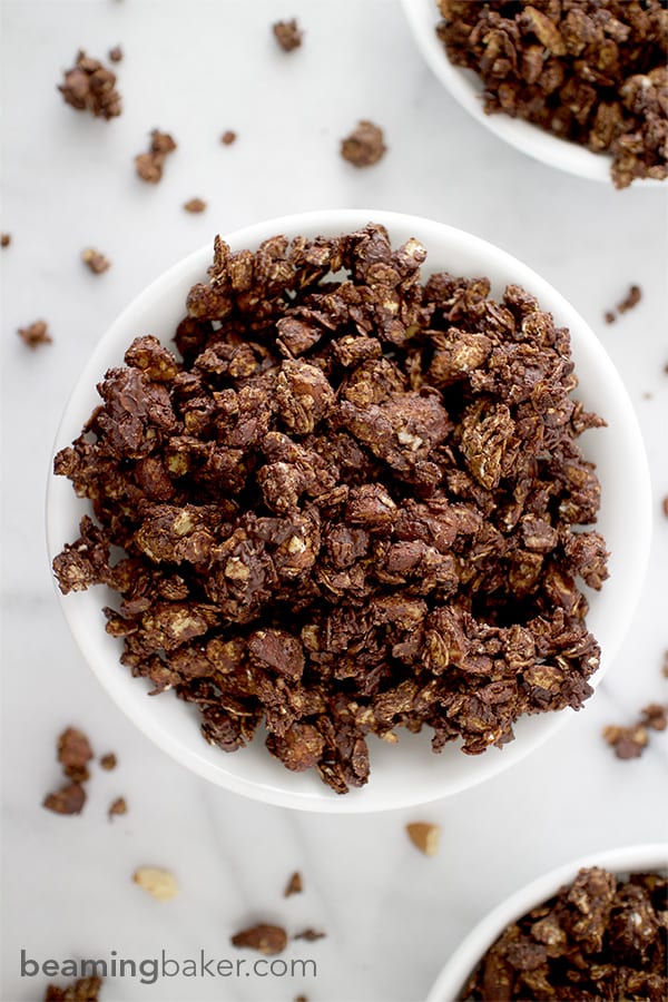 Simple, crunchy, sweet-tooth satisfying Chocolate Almond Coconut Granola. This wholesome recipe is perfect for an afternoon snack or dessert.