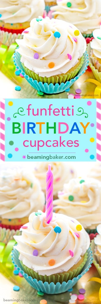 Funfetti Birthday Cupcakes: Moist, classic white cupcakes speckled with funfetti sprinkles and topped with luscious, fluffy vanilla frosting. BEAMINGBAKER.COM #birthday #cupcakes #funfetti