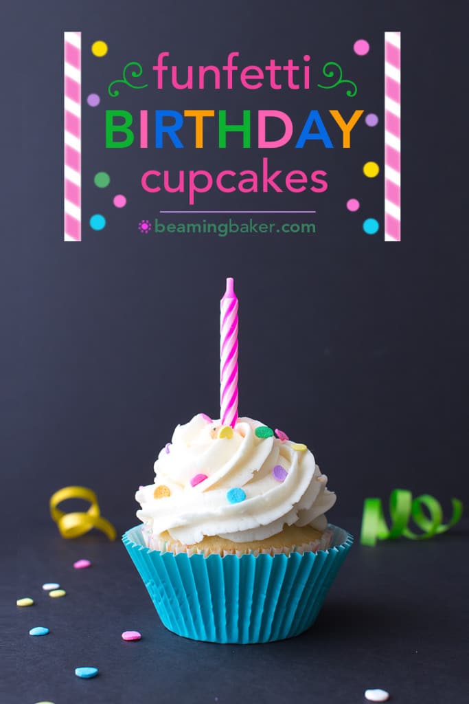 Funfetti Birthday Cupcakes: Moist, classic white cupcakes speckled with funfetti sprinkles and topped with luscious, fluffy vanilla frosting. BEAMINGBAKER.COM #birthday #cupcakes #funfetti