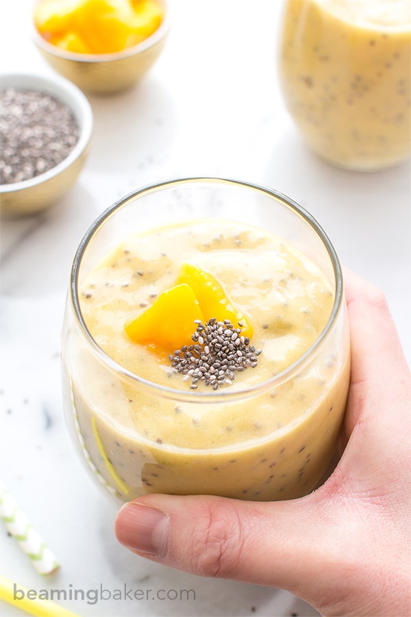 Mango Chia Seed Smoothie: An easy recipe for a refreshing and delicious mango smoothie packed with chia seeds. BEAMINGBAKER.COM #Vegan #GlutenFree
