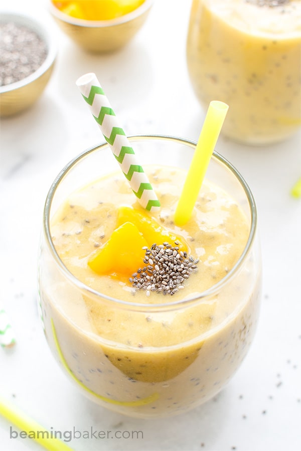 Mango Chia Seed Smoothie: An easy recipe for a refreshing and delicious mango smoothie packed with chia seeds. BEAMINGBAKER.COM #Vegan #GlutenFree