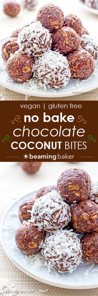 No Bake Chocolate Coconut Bites: A one bowl recipe for soft, chewy and indulgent no bake chocolate coconut bites. Vegan, gluten-free and delicious. BEAMINGBAKER.COM #Vegan #Glutenfree #NoBake