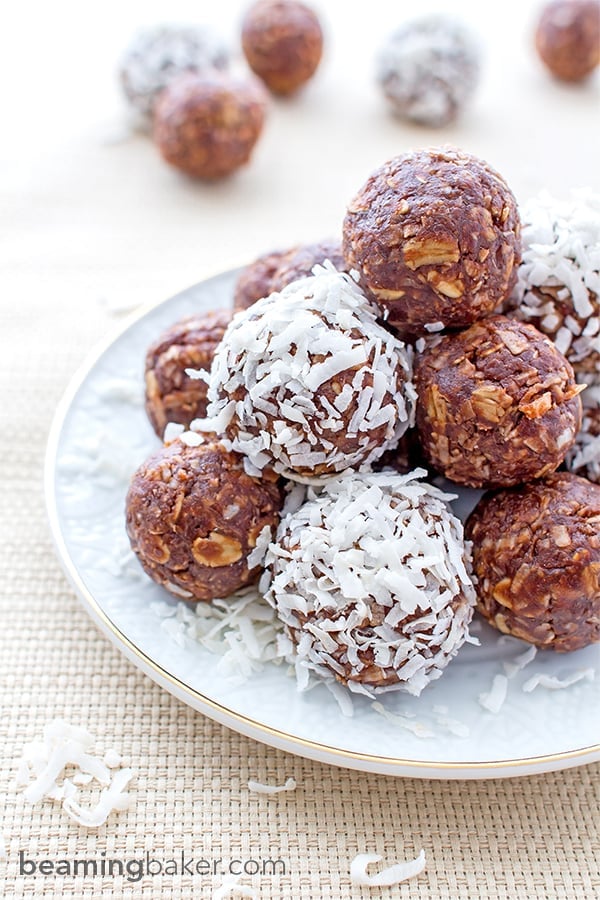 No Bake Chocolate Coconut Bites: A one bowl recipe for soft, chewy and indulgent no bake chocolate coconut bites. Vegan, gluten-free and delicious. BEAMINGBAKER.COM #Vegan #Glutenfree #NoBake