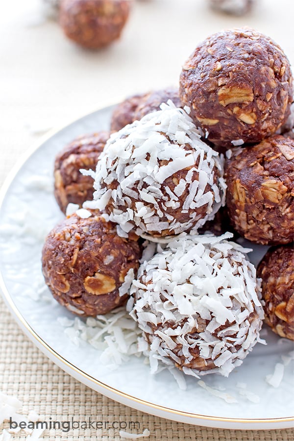 No Bake Chocolate Coconut Bites: A one bowl recipe for soft, chewy and indulgent no bake chocolate coconut bites. Vegan, gluten-free and delicious. BEAMINGBAKER.COM #Vegan #Glutenfree #NoBake