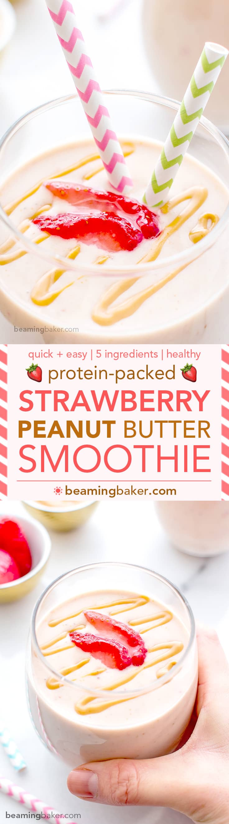 Protein-Packed Strawberry Peanut Butter Smoothie: 19g of protein, 5 simple ingredients in a quick recipe for a creamy, healthy and protein-rich smoothie. BEAMINGBAKER.COM #ProteinRich #Smoothies