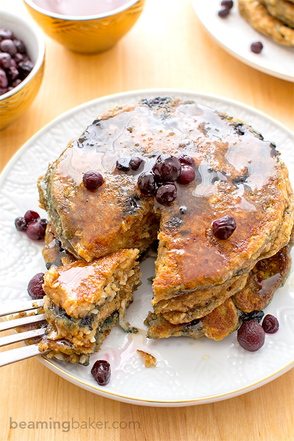 Vegan Blueberry Pancakes: An easy recipe for fluffy, moist blueberry pancakes that are perfect for a cozy breakfast or brunch. BEAMINGBAKER.COM #Vegan #OneBowl