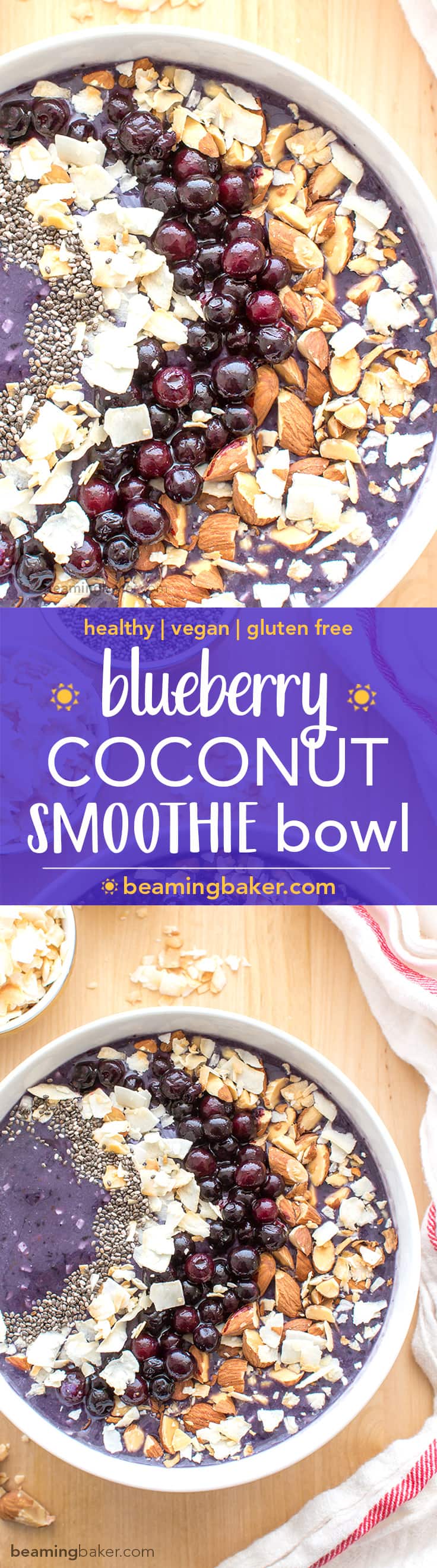 Blueberry Coconut Smoothie Bowl (V+GF): An easy recipe for a refreshing smoothie bowl packed with antioxidants, blueberries and coconut. BEAMINGBAKER.COM #Vegan #GlutenFree