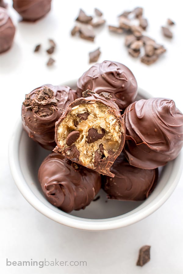 Chocolate Chip Cookie Dough Truffles (Vegan, Gluten Free) - Beaming Baker