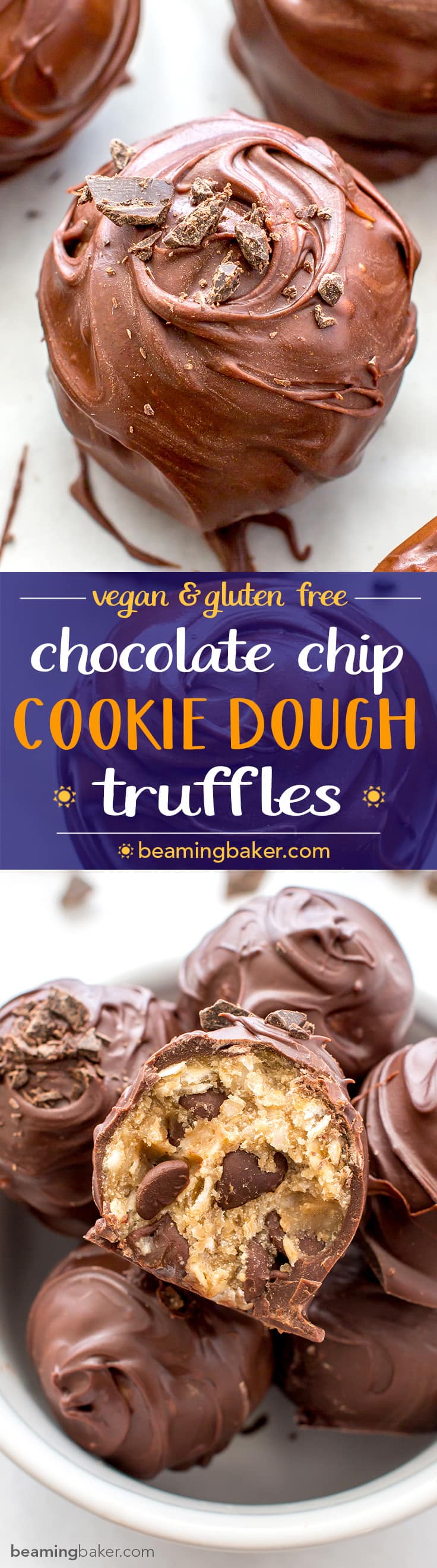 Chocolate Chip Cookie Dough Truffles (V+GF): Decadent chocolate chip cookie dough bites wrapped in a velvety blanket of rich, dark, indulgent chocolate. BEAMINGBAKER.COM. #Vegan #GlutenFree