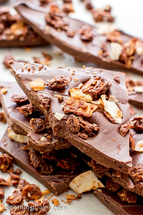 Chocolate Coconut Granola Bark (V+GF): Richly indulgent, heavenly chocolate covered coconut granola enrobed in a thick layer of chocolate. BeamingBaker.com #Vegan #GlutenFree