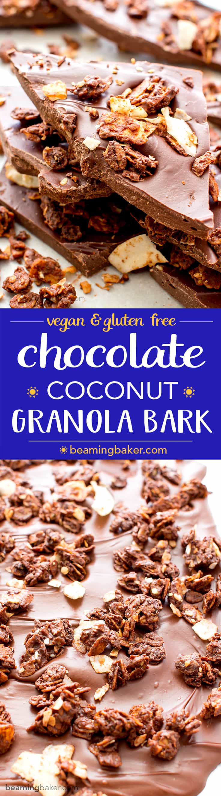 Chocolate Coconut Granola Bark (V+GF): Richly indulgent, heavenly chocolate covered coconut granola enrobed in a thick layer of chocolate. BeamingBaker.com #Vegan #GlutenFree