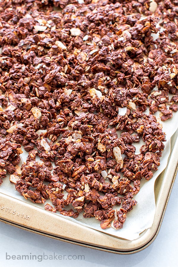 Chocolate Covered Coconut Granola (V+GF): A simple recipe for rich, chocolatey, crunchy granola covered in chocolate and coconut. BEAMINGBAKER.COM. #Vegan #GlutenFree