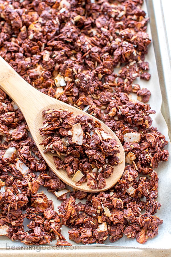 Chocolate Covered Coconut Granola (V+GF): A simple recipe for rich, chocolatey, crunchy granola covered in chocolate and coconut. BEAMINGBAKER.COM. #Vegan #GlutenFree