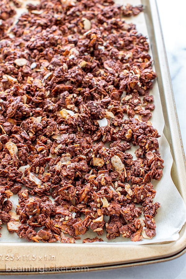 Chocolate Covered Coconut Granola (V+GF): A simple recipe for rich, chocolatey, crunchy granola covered in chocolate and coconut. BEAMINGBAKER.COM. #Vegan #GlutenFree