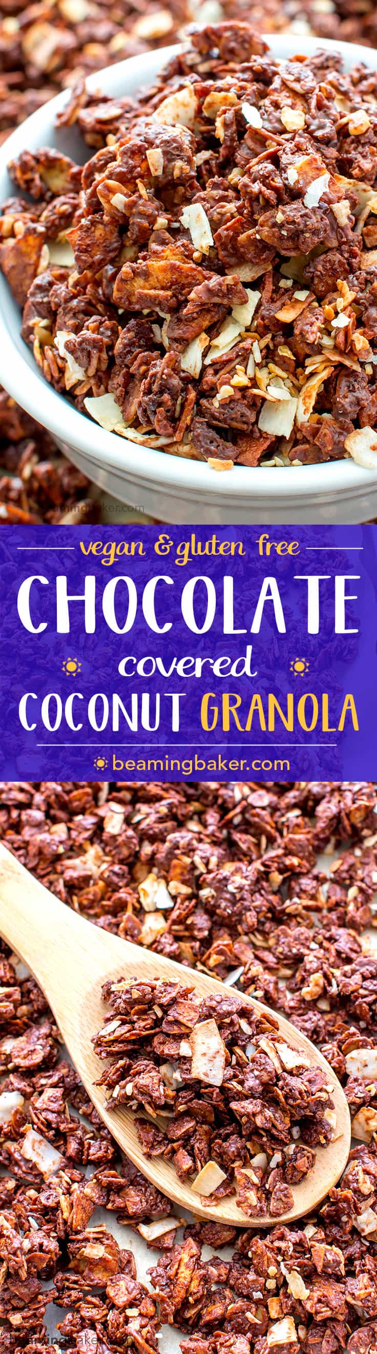 Chocolate Covered Coconut Granola (V+GF): A simple recipe for rich, chocolatey, crunchy granola covered in chocolate and coconut. BEAMINGBAKER.COM. #Vegan #GlutenFree