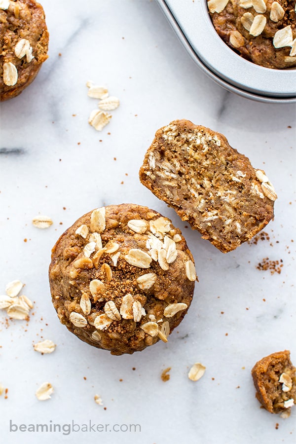 Gluten Free Banana Oat Muffins (V+GF): a one bowl recipe for warm, moist and lightly sweet Banana Oat Muffins made with simple ingredients. #vegan #glutenfree #breakfast #healthy | Recipe on BeamingBaker.com