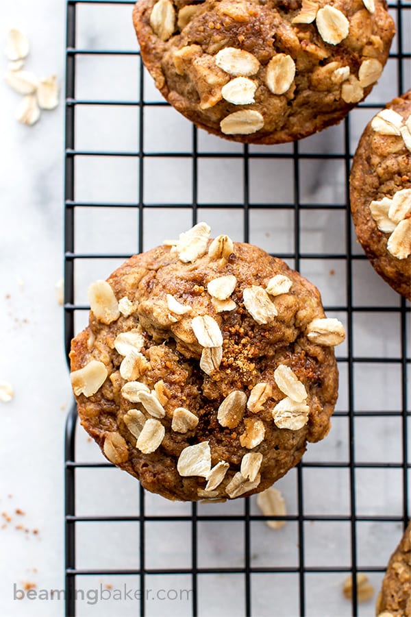 Gluten Free Banana Oat Muffins (V+GF): a one bowl recipe for warm, moist and lightly sweet Banana Oat Muffins made with simple ingredients. #vegan #glutenfree #breakfast #healthy | Recipe on BeamingBaker.com