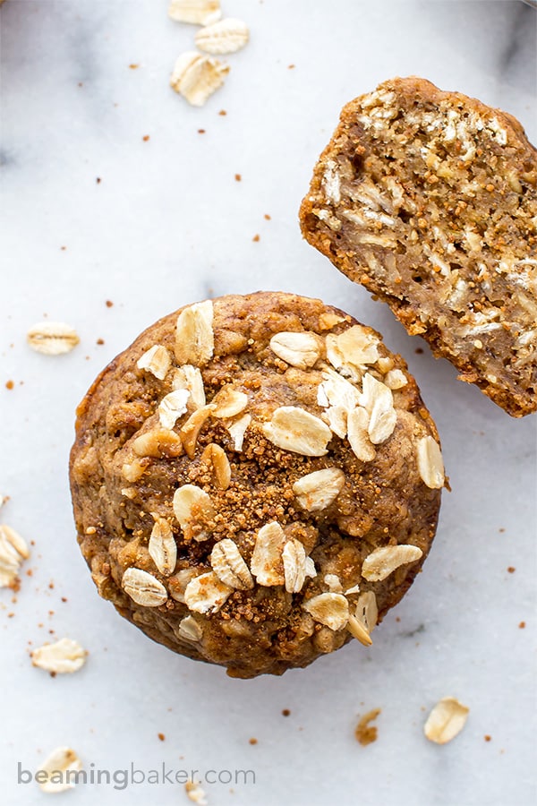 Gluten Free Banana Oat Muffins (V+GF): a one bowl recipe for warm, moist and lightly sweet Banana Oat Muffins made with simple ingredients. #vegan #glutenfree #breakfast #healthy | Recipe on BeamingBaker.com