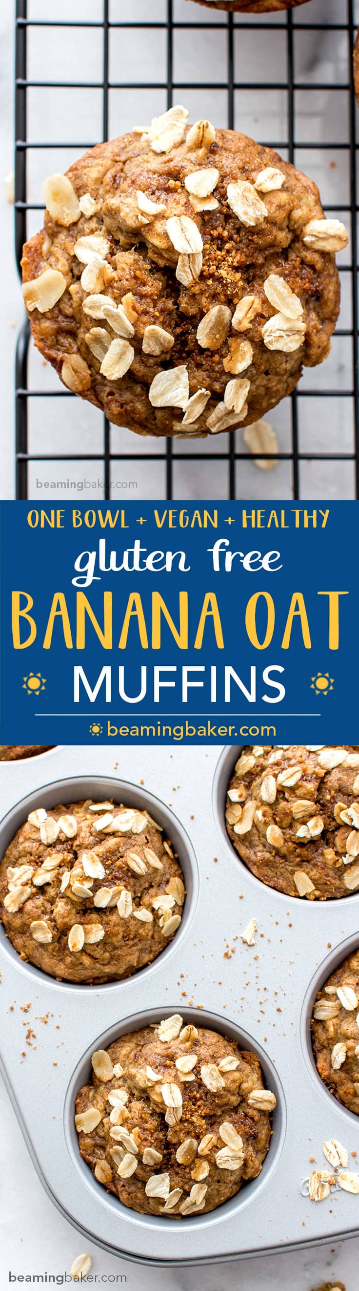 Gluten Free Banana Oat Muffins (V+GF): a one bowl recipe for warm, moist and lightly sweet Banana Oat Muffins made with simple ingredients. #vegan #glutenfree #breakfast #healthy | Recipe on BeamingBaker.com