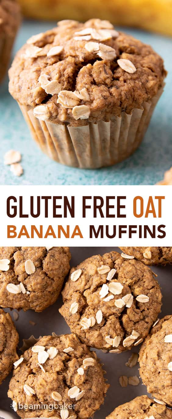 Gluten Free Banana Oat Muffins (V+GF): a one bowl recipe for warm, moist and lightly sweet Banana Oat Muffins made with simple ingredients. #vegan #glutenfree #breakfast #healthy | Recipe on BeamingBaker.com