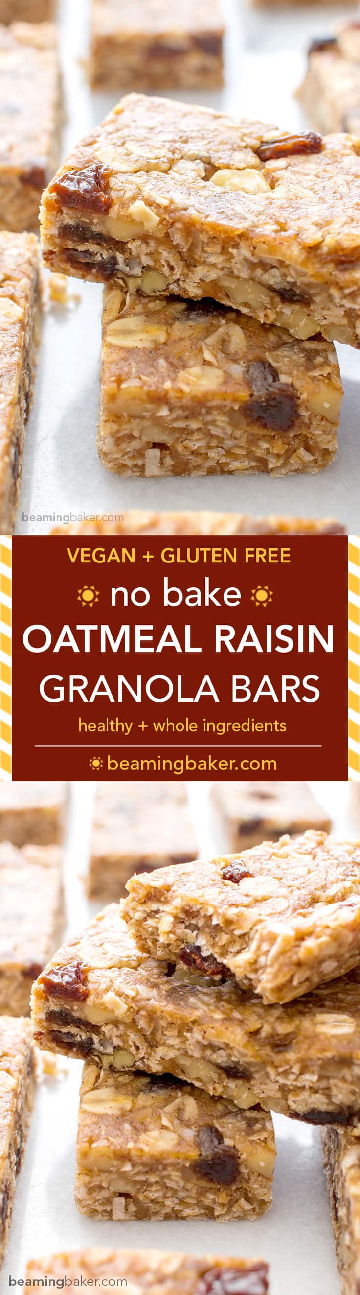 No Bake Oatmeal Raisin Granola Bars (V+GF): Soft and chewy granola bars that taste just like an oatmeal raisin cookie. An easy Vegan and Gluten Free recipe made with whole ingredients. BEAMINGBAKER.COM #Vegan #GlutenFree