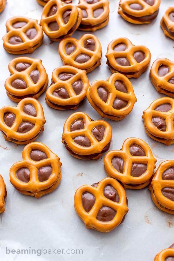 Chocolate Almond Butter Pretzel Bites (V+GF): an easy 3 ingredient recipe for a sweet snack packed full of protein and chocolate flavor. #Vegan #GlutenFree | BeamingBaker.com