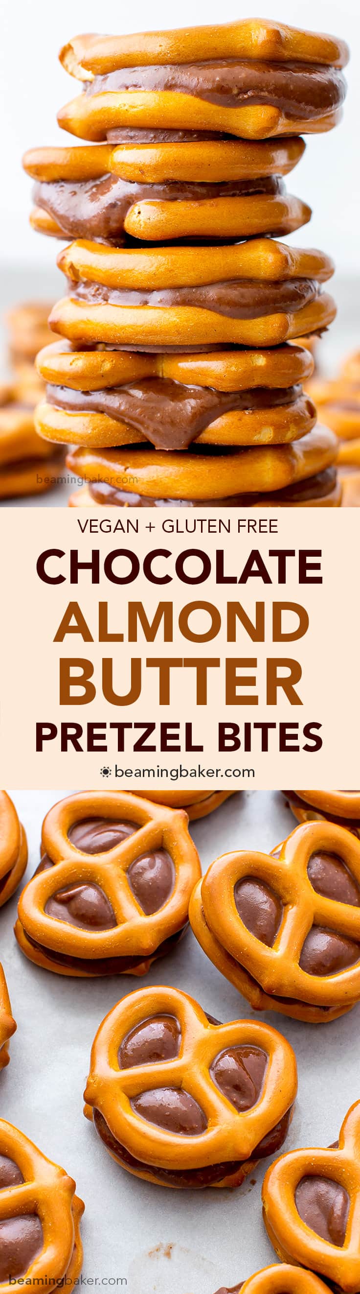 Chocolate Almond Butter Pretzel Bites (V+GF): an easy 3 ingredient recipe for a sweet snack packed full of protein and chocolate flavor. #Vegan #GlutenFree | BeamingBaker.com