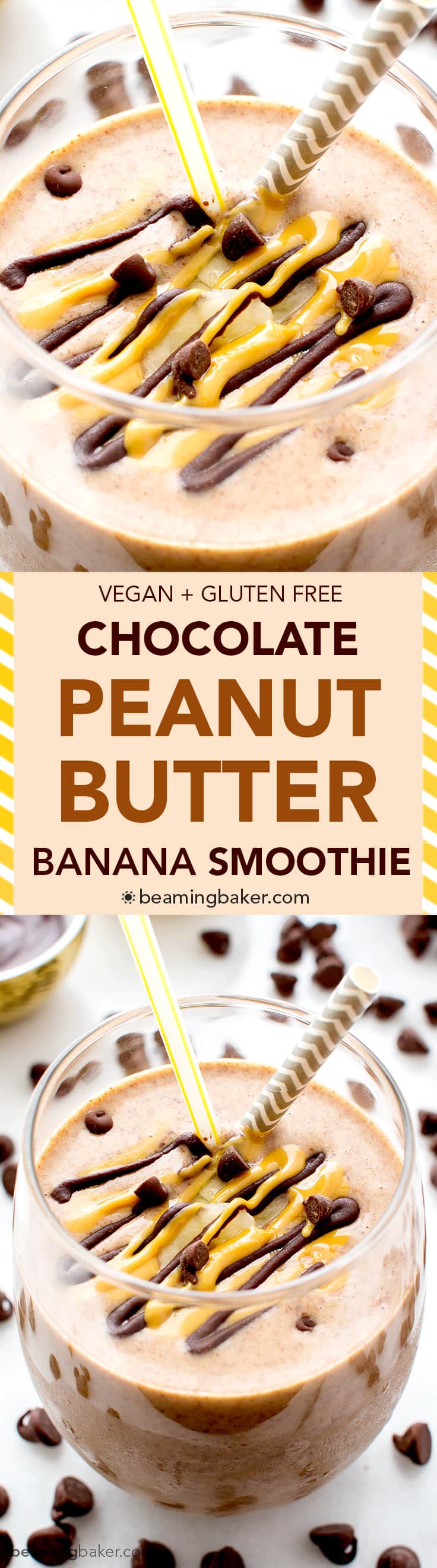 Chocolate Peanut Butter Banana Smoothie (V+GF): a protein-rich, 6-ingredient recipe for a creamy chocolate peanut butter lover’s smoothie. Tastes like a sundae. #Vegan #GlutenFree | BeamingBaker.com