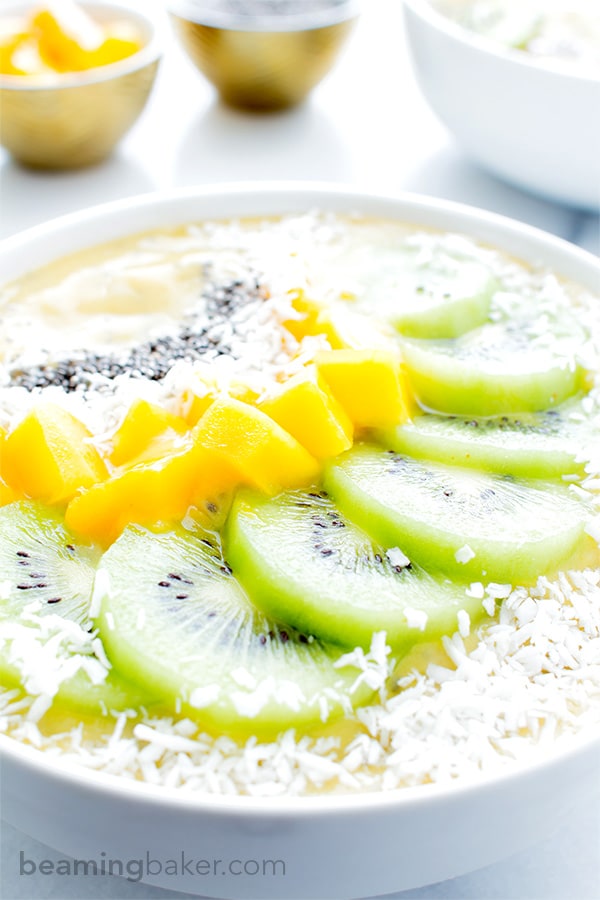 Mango Kiwi Chia Seed Smoothie Bowl (V+GF): a super easy recipe for a light, refreshing and filling smoothie bowl full of mangoes and topped with kiwis. #Vegan #GlutenFree | BeamingBaker.com