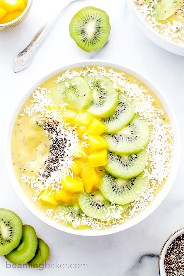 Mango Kiwi Chia Seed Smoothie Bowl (V+GF): a super easy recipe for a light, refreshing and filling smoothie bowl full of mangoes and topped with kiwis. #Vegan #GlutenFree | BeamingBaker.com