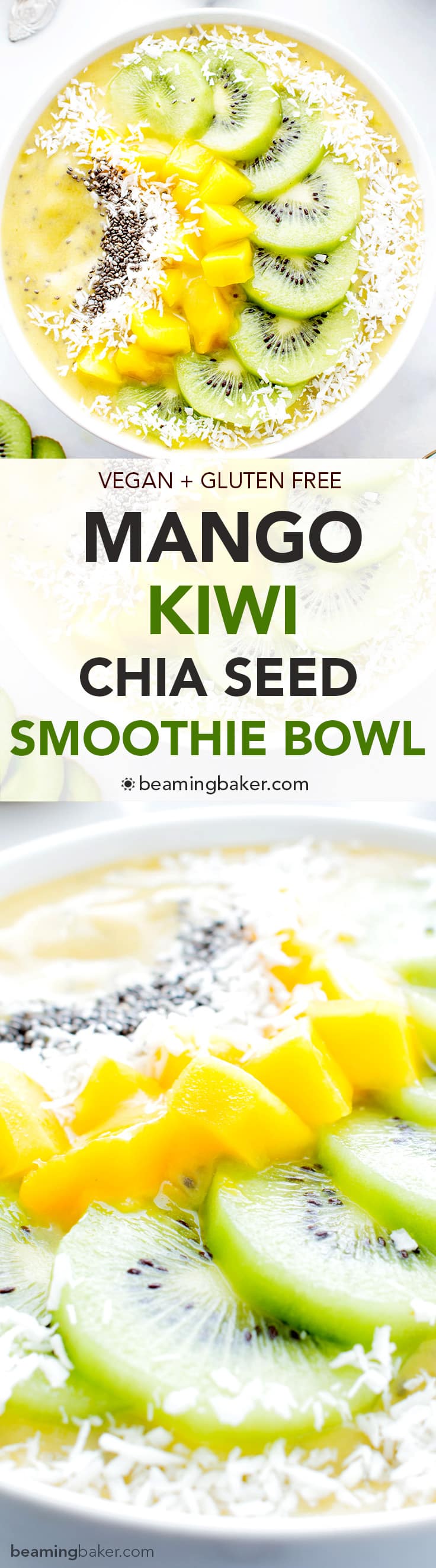 Mango Kiwi Chia Seed Smoothie Bowl (V+GF): a super easy recipe for a light, refreshing and filling smoothie bowl full of mangoes and topped with kiwis. #Vegan #GlutenFree | BeamingBaker.com