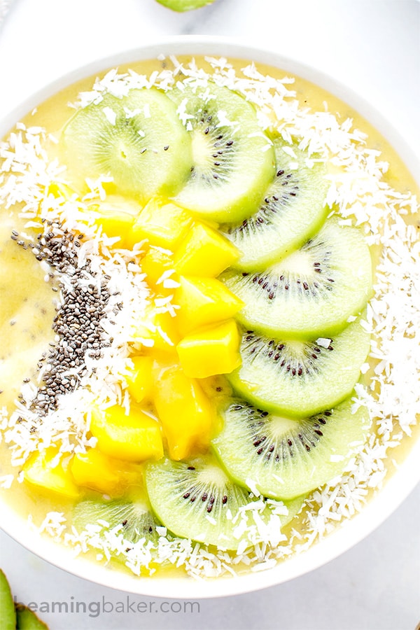 Mango Kiwi Chia Seed Smoothie Bowl (V+GF): a super easy recipe for a light, refreshing and filling smoothie bowl full of mangoes and topped with kiwis. #Vegan #GlutenFree | BeamingBaker.com