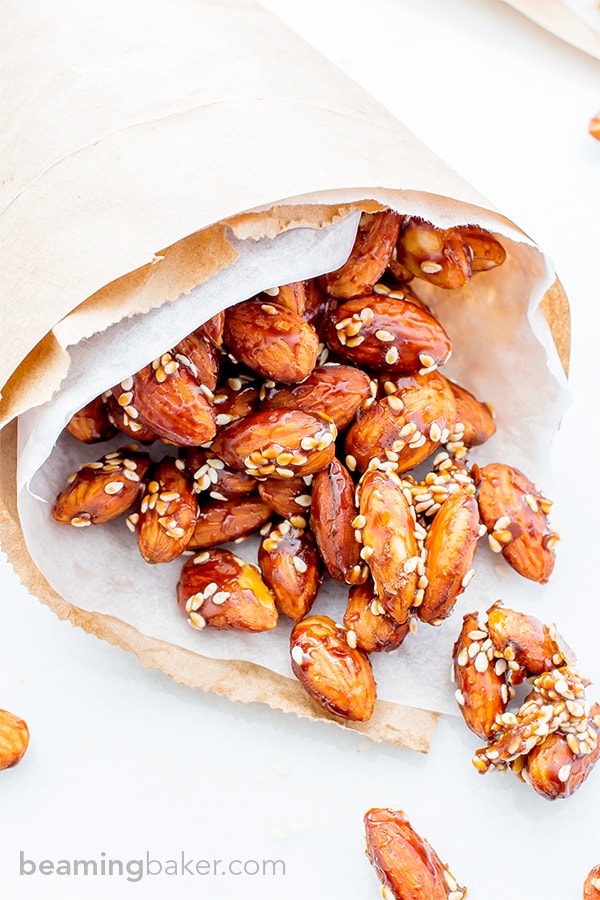 Maple Sesame Almonds (V+GF): An easy recipe for skillet-roasted maple sesame almonds made with just 6 ingredients. #Vegan #GlutenFree | BeamingBaker.com