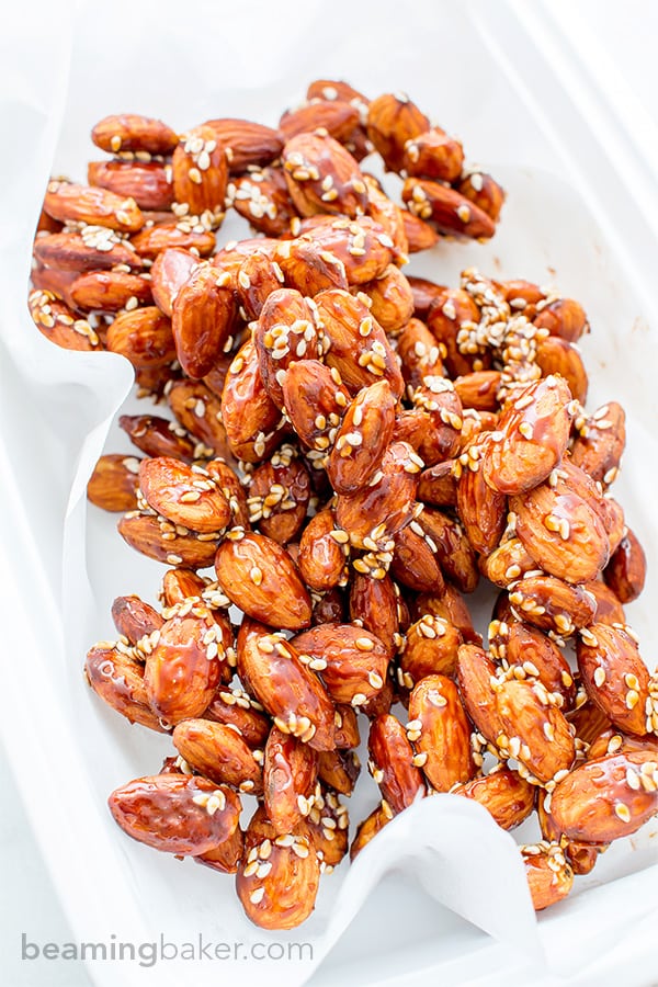 Maple Sesame Almonds (V+GF): An easy recipe for skillet-roasted maple sesame almonds made with just 6 ingredients. #Vegan #GlutenFree | BeamingBaker.com