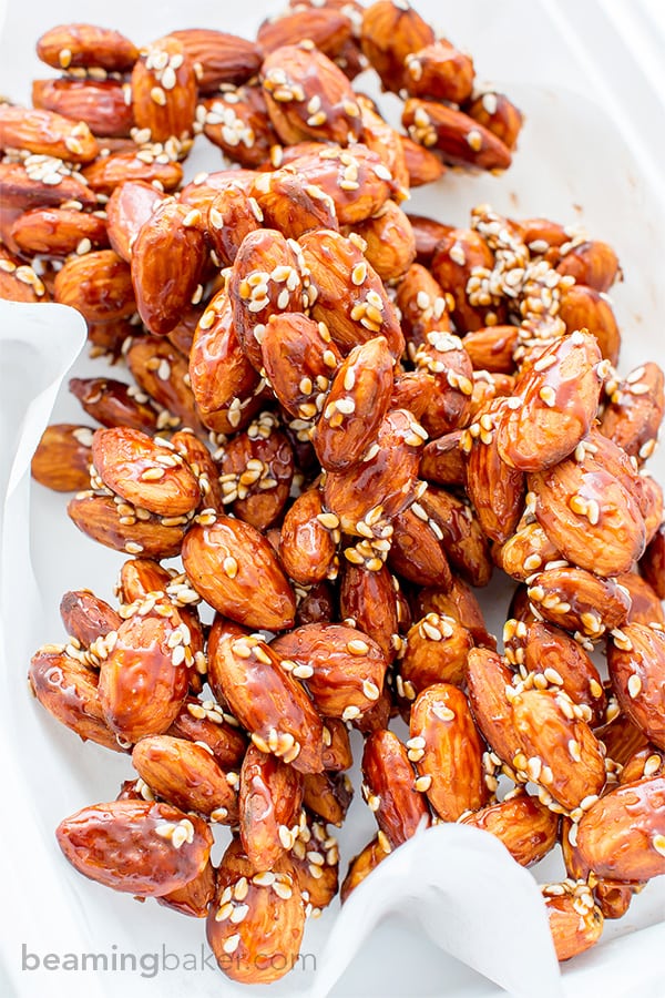 Maple Sesame Almonds (V+GF): An easy recipe for skillet-roasted maple sesame almonds made with just 6 ingredients. #Vegan #GlutenFree | BeamingBaker.com